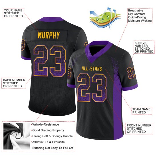 Maglia da football nera personalizzata Drift Mesh viola-oro Maglia da football nera personalizzata Drift Mesh viola-oro