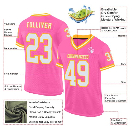 Maglia da football rosa personalizzata in bianco e oro, autentica, retrò Maglia da football rosa personalizzata in bianco e oro, autentica, retrò