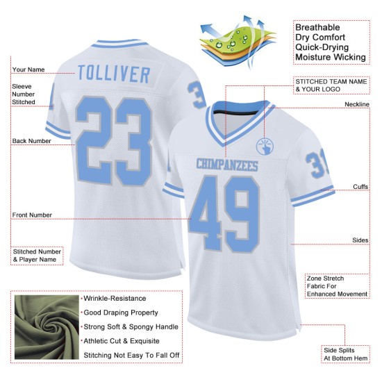 Maglia da football bianca personalizzata blu-grigia leggera retrò autentica