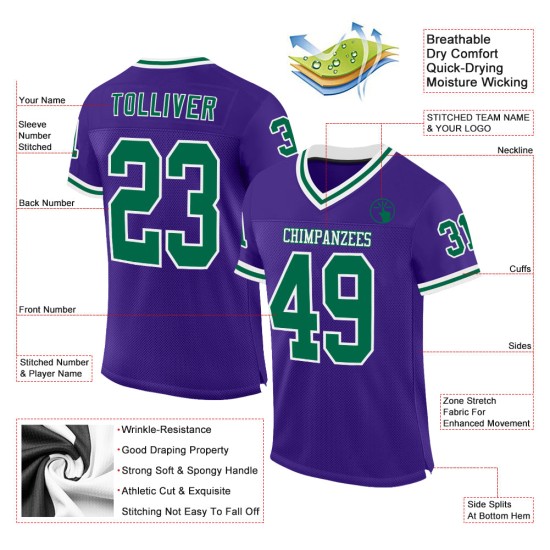 Maglia retrò personalizzata autentica da football in mesh viola verde-bianca Kelly Maglia retrò personalizzata autentica da football in mesh viola verde-bianca Kelly