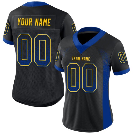 Maglia da calcio personalizzata Drift Fashion nera a rete, blu royal e gialla Maglia da calcio personalizzata Drift Fashion nera a rete, blu royal e gialla