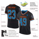 Maglia retrò da football americano, nera, personalizzata, blu-arancio, autentica Maglia retrò da football americano, nera, personalizzata, blu-arancio, autentica