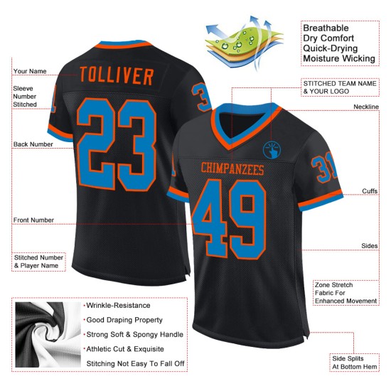 Maglia retrò da football americano, nera, personalizzata, blu-arancio, autentica Maglia retrò da football americano, nera, personalizzata, blu-arancio, autentica