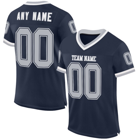 Maglia da calcio personalizzata in maglia grigia e bianca, autentica, retrò, blu navy Maglia da calcio personalizzata in maglia grigia e bianca, autentica, retrò, blu navy