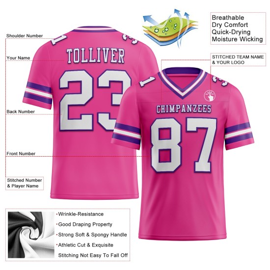 Maglia da football autentica personalizzata in maglia rosa bianco-viola Maglia da football autentica personalizzata in maglia rosa bianco-viola