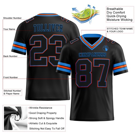 Maglia personalizzata blu-arancio autentica da football in polvere nera Maglia personalizzata blu-arancio autentica da football in polvere nera