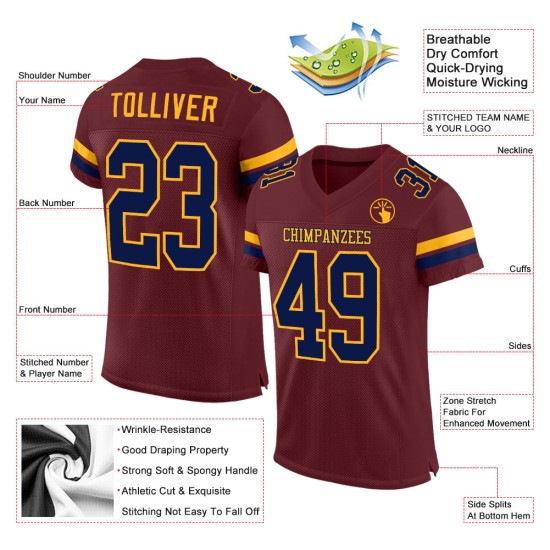 Maglia da football personalizzata autentica in maglia bordeaux blu navy e oro Maglia da football personalizzata autentica in maglia bordeaux blu navy e oro