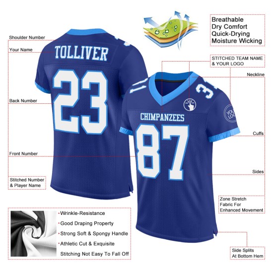 Maglia da calcio autentica personalizzata, bianca e blu royal in maglia