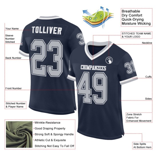 Maglia da calcio personalizzata in maglia grigia e bianca, autentica, retrò, blu navy Maglia da calcio personalizzata in maglia grigia e bianca, autentica, retrò, blu navy