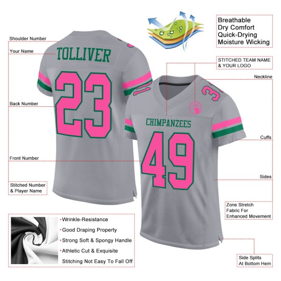 Maglia da football personalizzata in maglia grigia autentica verde rosa - Kelly Maglia da football personalizzata in maglia grigia autentica verde rosa - Kelly