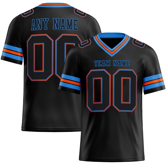 Maglia personalizzata blu-arancio autentica da football in polvere nera Maglia personalizzata blu-arancio autentica da football in polvere nera