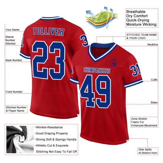 Maglia da football americano vintage, blu royal e bianca, autentica, personalizzata, rossa Maglia da football americano vintage, blu royal e bianca, autentica, personalizzata, rossa