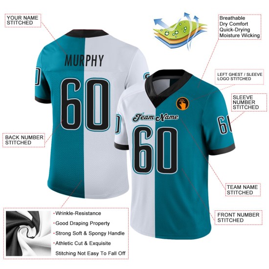 Maglia da calcio in mesh split personalizzata, stile football, verde acqua, nero e bianco Maglia da calcio in mesh split personalizzata, stile football, verde acqua, nero e bianco