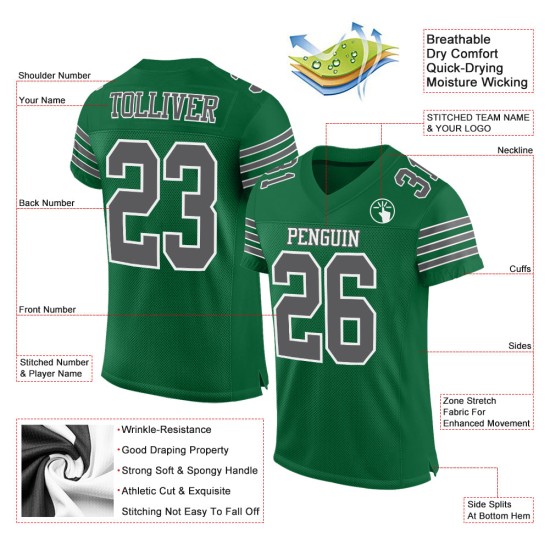 Maglia da football personalizzata Kelly Green in maglia autentica, grigio acciaio-bianco Maglia da football personalizzata Kelly Green in maglia autentica, grigio acciaio-bianco