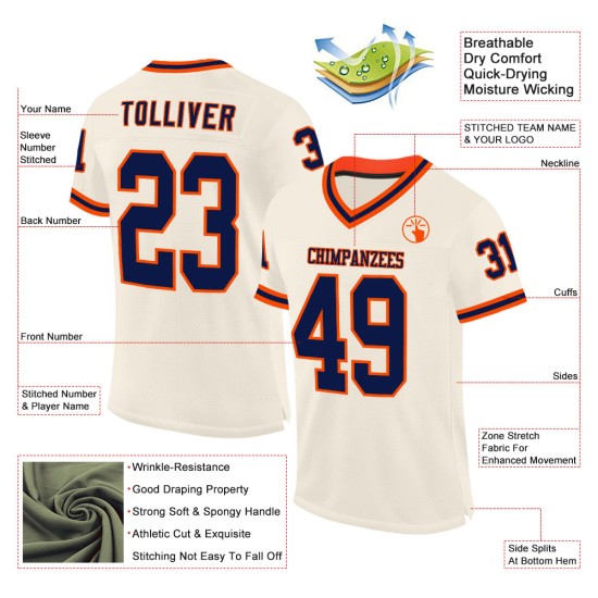 Maglia da football autentica personalizzata Throwback Cream Mesh blu navy-arancione Maglia da football autentica personalizzata Throwback Cream Mesh blu navy-arancione
