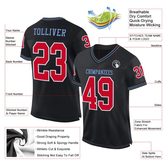 Maglia da football personalizzata autentica in maglia blu retrò nera e rossa Maglia da football personalizzata autentica in maglia blu retrò nera e rossa
