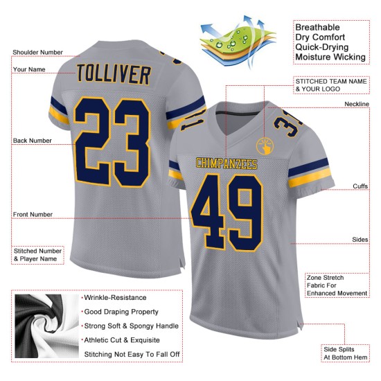 Maglia da football personalizzata in maglia blu navy e oro, grigio chiaro, autentica Maglia da football personalizzata in maglia blu navy e oro, grigio chiaro, autentica