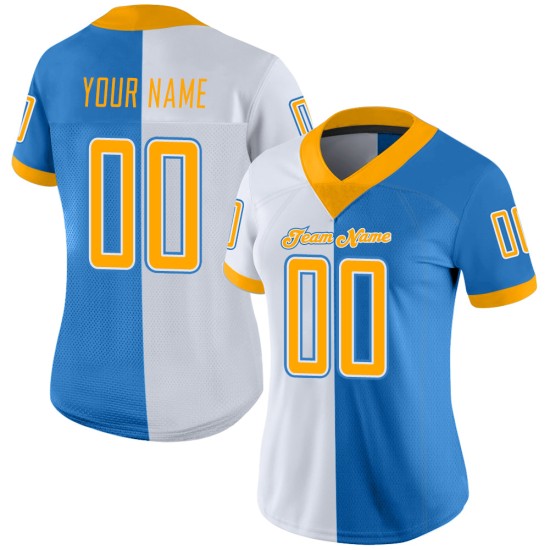 Maglia da football personalizzata in maglia blu con stampa oro-bianco Fashion Powder