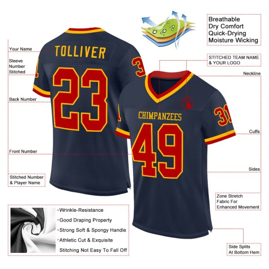 Maglia da football personalizzata autentica, stile retrò, rosso-oro, in maglia blu navy Maglia da football personalizzata autentica, stile retrò, rosso-oro, in maglia blu navy