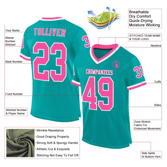 Maglia da calcio personalizzata rosa-bianca acquamarina autentica in mesh retrò Maglia da calcio personalizzata rosa-bianca acquamarina autentica in mesh retrò