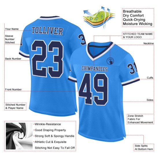 Maglia a rete Powder, autentica maglia da football americano, blu navy e bianca personalizzata Maglia a rete Powder, autentica maglia da football americano, blu navy e bianca personalizzata