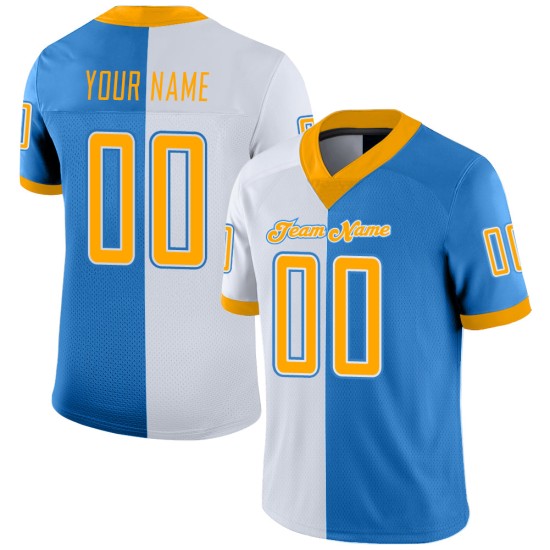 Maglia da football personalizzata in maglia blu con stampa oro-bianco Fashion Powder