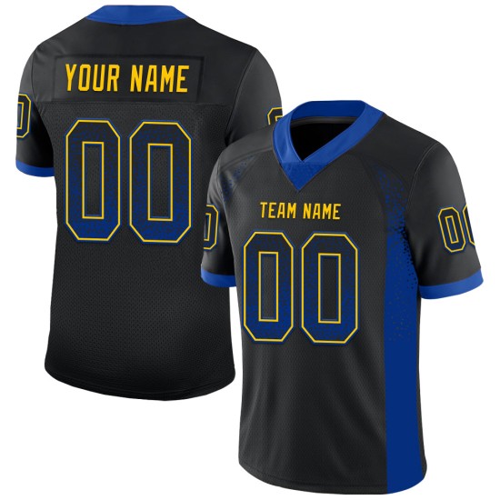 Maglia da calcio personalizzata Drift Fashion nera a rete, blu royal e gialla Maglia da calcio personalizzata Drift Fashion nera a rete, blu royal e gialla