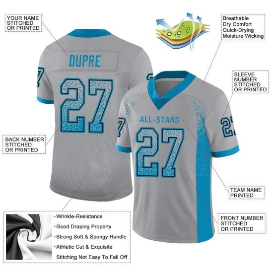 Maglia da football Drift Mesh blu-nera, personalizzata, modello Pantera grigia leggera Maglia da football Drift Mesh blu-nera, personalizzata, modello Pantera grigia leggera