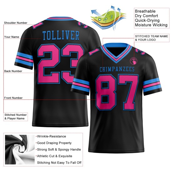 Maglia da calcio a rete blu autentica personalizzata rosa-nero polvere Maglia da calcio a rete blu autentica personalizzata rosa-nero polvere