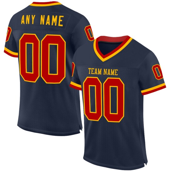 Maglia da football personalizzata autentica, stile retrò, rosso-oro, in maglia blu navy Maglia da football personalizzata autentica, stile retrò, rosso-oro, in maglia blu navy