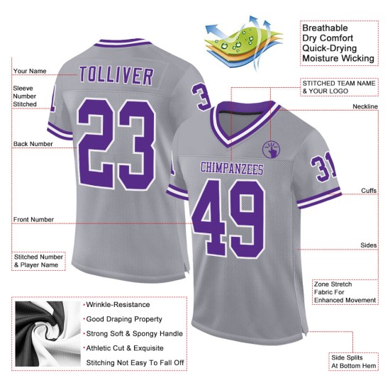 Maglia da football viola-bianca retrò personalizzata autentica grigia Maglia da football viola-bianca retrò personalizzata autentica grigia