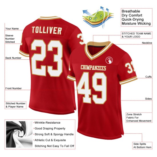 Maglia da football rossa, bianca, personalizzata, autentica, retrò, oro Maglia da football rossa, bianca, personalizzata, autentica, retrò, oro