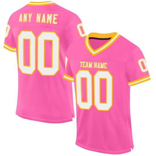 Maglia da football rosa personalizzata in bianco e oro, autentica, retrò Maglia da football rosa personalizzata in bianco e oro, autentica, retrò