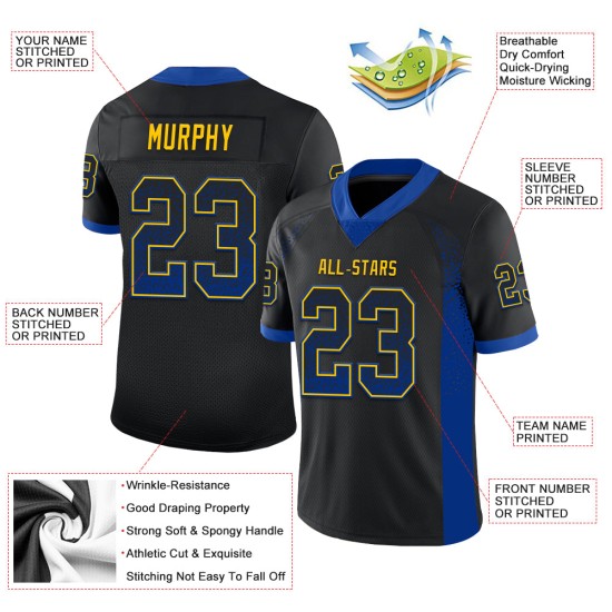 Maglia da calcio personalizzata Drift Fashion nera a rete, blu royal e gialla Maglia da calcio personalizzata Drift Fashion nera a rete, blu royal e gialla