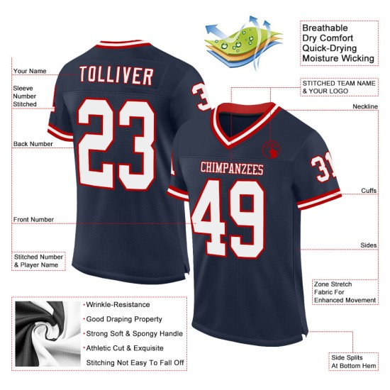 Maglia da football autentica personalizzata Throwback Navy Mesh Bianco-Rosso Maglia da football autentica personalizzata Throwback Navy Mesh Bianco-Rosso