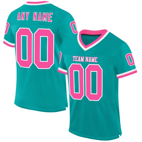 Maglia da calcio personalizzata rosa-bianca acquamarina autentica in mesh retrò Maglia da calcio personalizzata rosa-bianca acquamarina autentica in mesh retrò