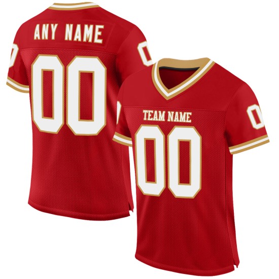 Maglia da football rossa, bianca, personalizzata, autentica, retrò, oro Maglia da football rossa, bianca, personalizzata, autentica, retrò, oro
