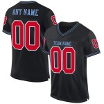 Maglia da football personalizzata autentica in maglia blu retrò nera e rossa Maglia da football personalizzata autentica in maglia blu retrò nera e rossa