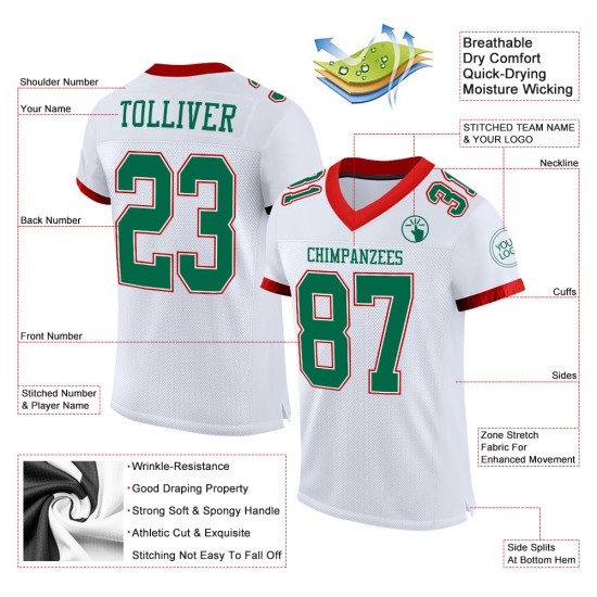 Maglia da calcio bianca personalizzata, maglia verde-rossa Kelly autentica Maglia da calcio bianca personalizzata, maglia verde-rossa Kelly autentica