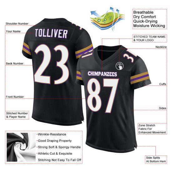 Maglia da calcio nera personalizzata autentica bianca e viola Maglia da calcio nera personalizzata autentica bianca e viola