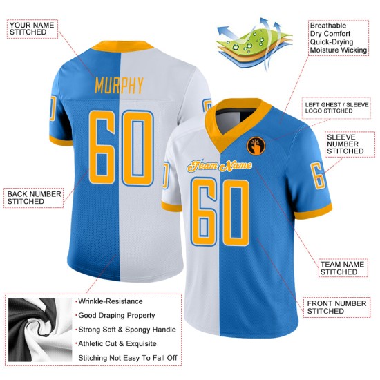 Maglia da football personalizzata in maglia blu con stampa oro-bianco Fashion Powder