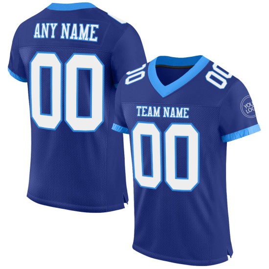 Maglia da calcio autentica personalizzata, bianca e blu royal in maglia